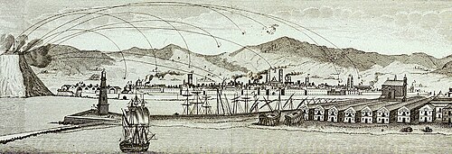 Grabado del bombardeo de Barcelona desde Montjuïc en 1842 (Biblioteca Nacional de España)