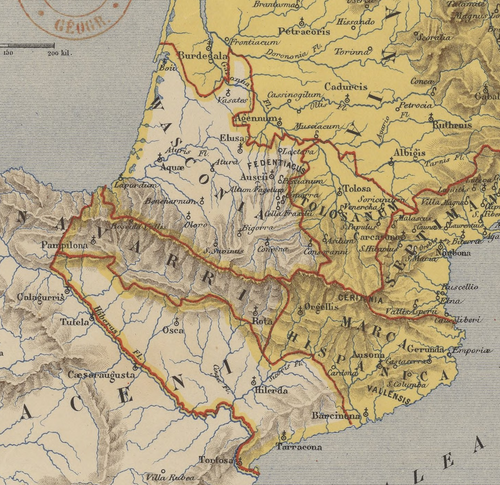 Mapa histórico de la Marca Hispánica en el año 806 (A. Longnon)