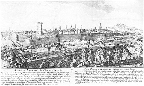 Grabado del sitio de Barcelona por las tropas de Felipe V, 1714