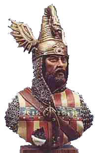 Busto de un conde de Barcelona con armadura y escudo heráldico