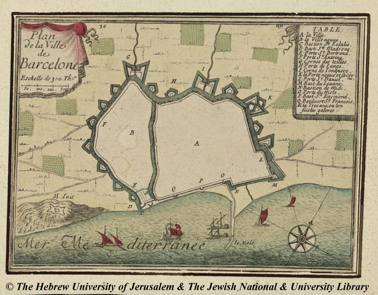 Grabado de Barcelona y Montjuïc por Beaulieu, 1706